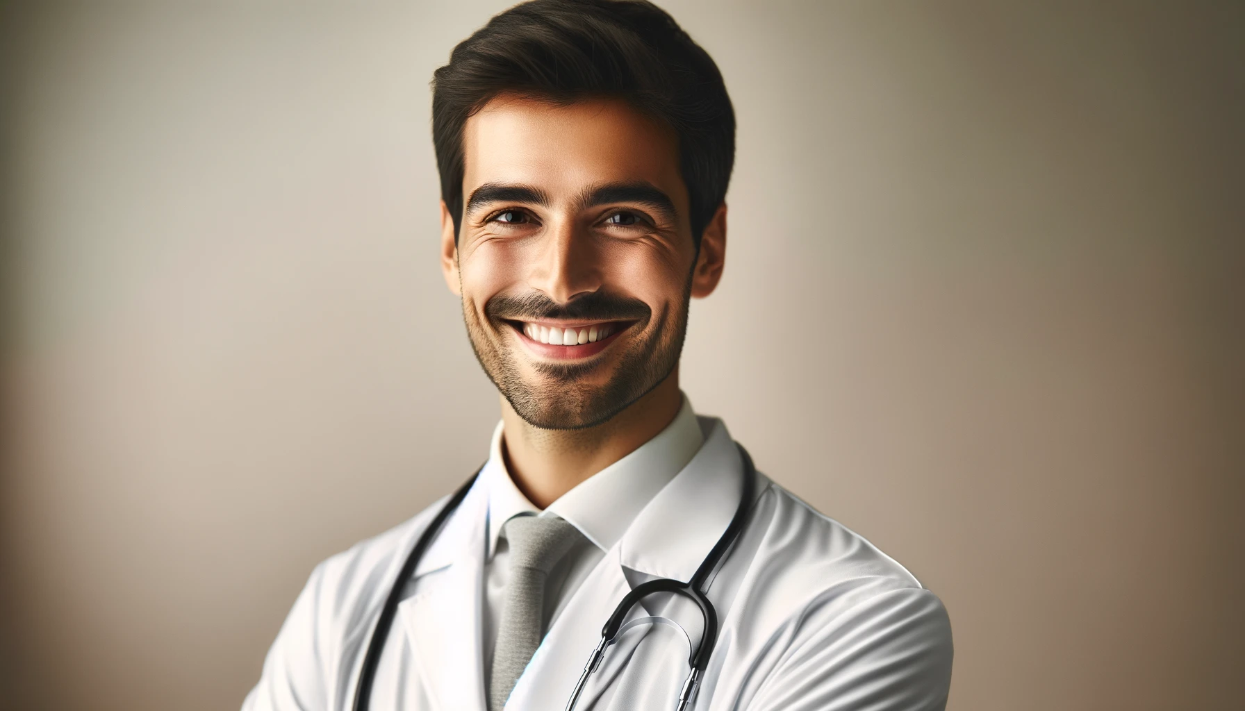 a smiling Turkish doctor, exuding professionalism, confidence, and warmth. The doctor is wearing a white lab coat with a stethoscope visible around the neck. 