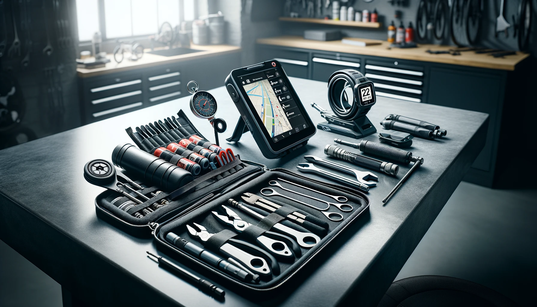  a cyclist's repair kit and multi-tools next to a GPS device, all arranged on a sleek, modern workshop table. 