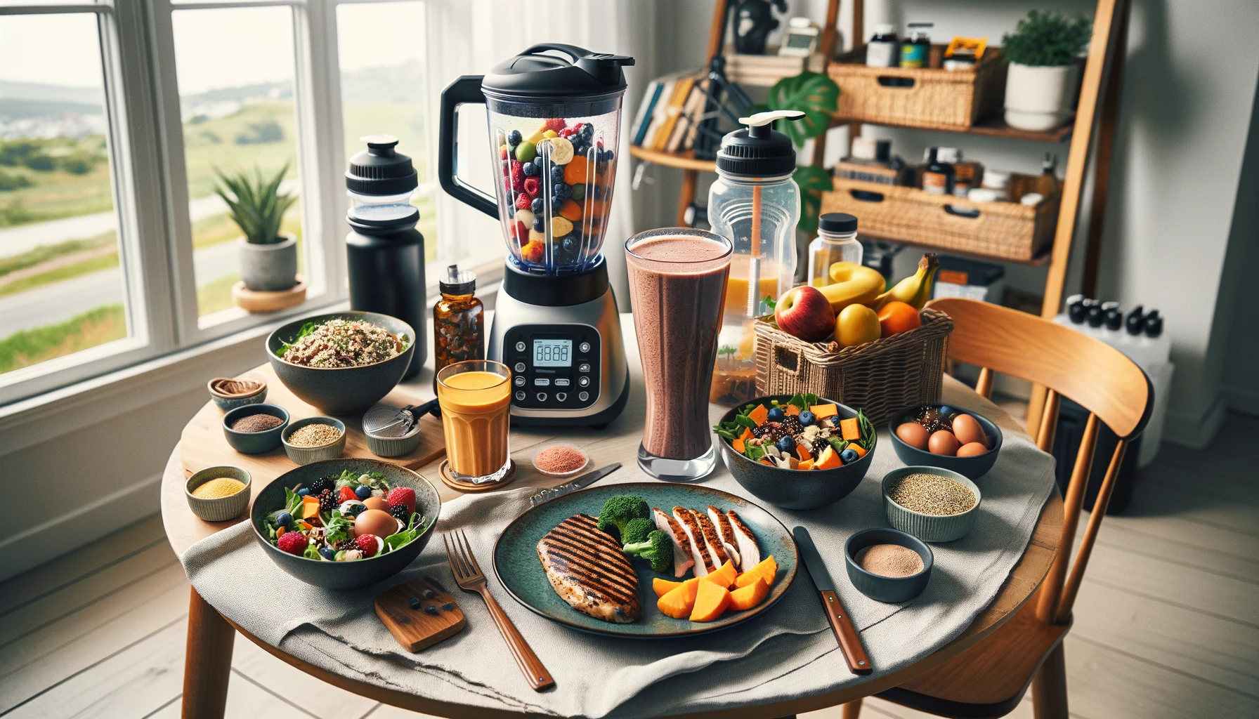 A cyclist's recovery area showcasing a variety of post-ride nutrition options. The scene includes a glass of chocolate milk, a fruit smoothie in a blender, a plate with grilled chicken and quinoa, and a bowl of salad with sweet potatoes. 