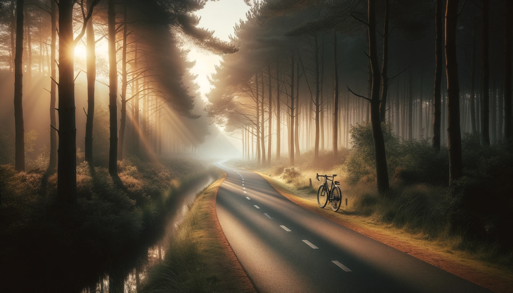 A cycling path winding through a lush forest. 
