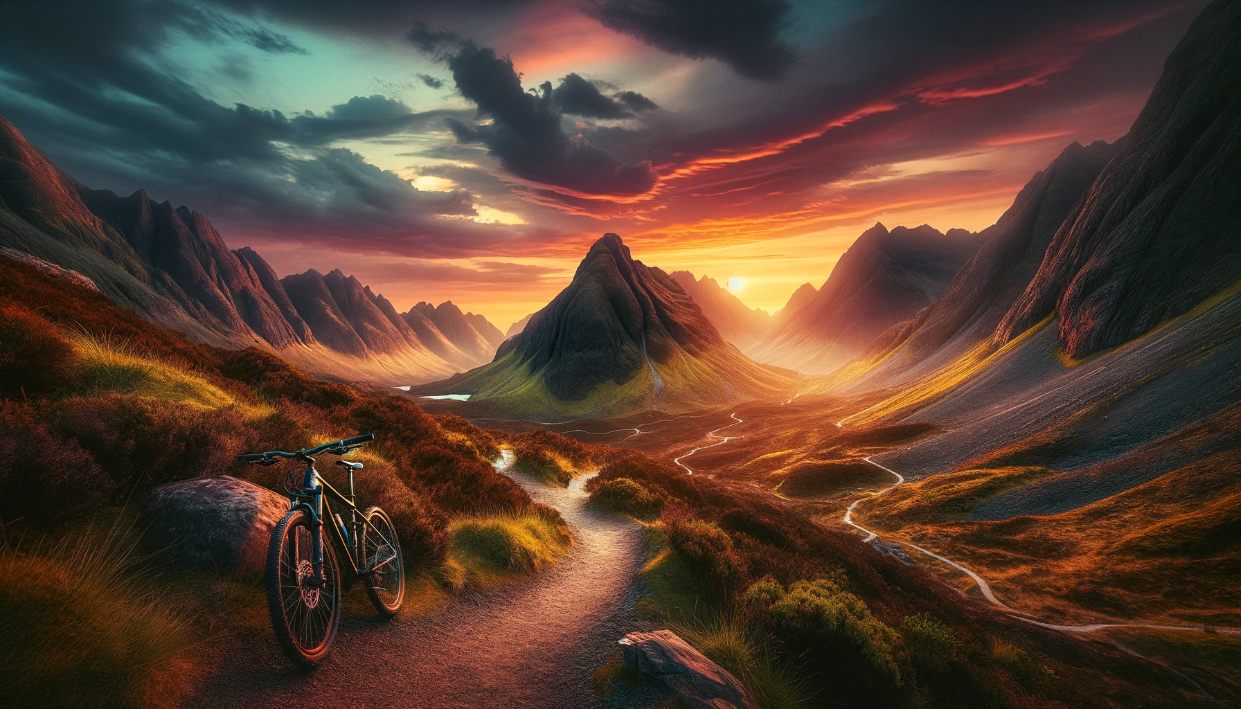 A view of a mountain bike trail at sunset, winding through rugged terrain with a backdrop of towering mountains and a colorful sky. 