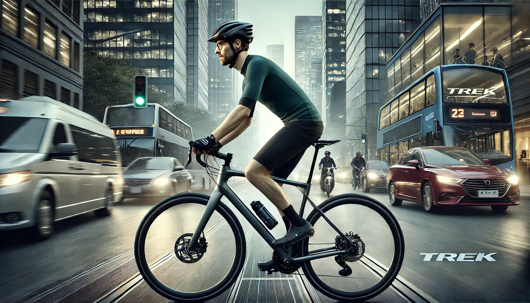 A city commuter cycling through an urban environment on a Trek Domane AL 2 Gen 4 road bike. 