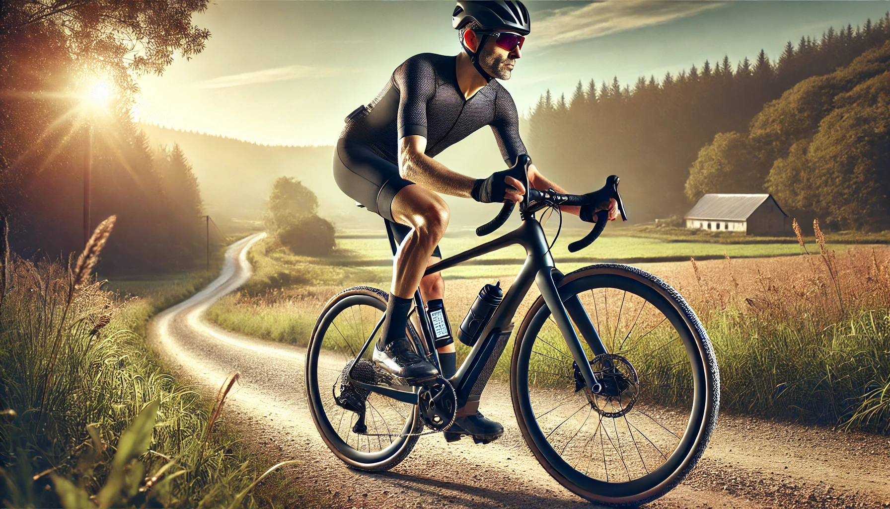 A scenic cycling path with a cyclist riding a high-end gravel bike, equipped with the latest 2024 accessories.
