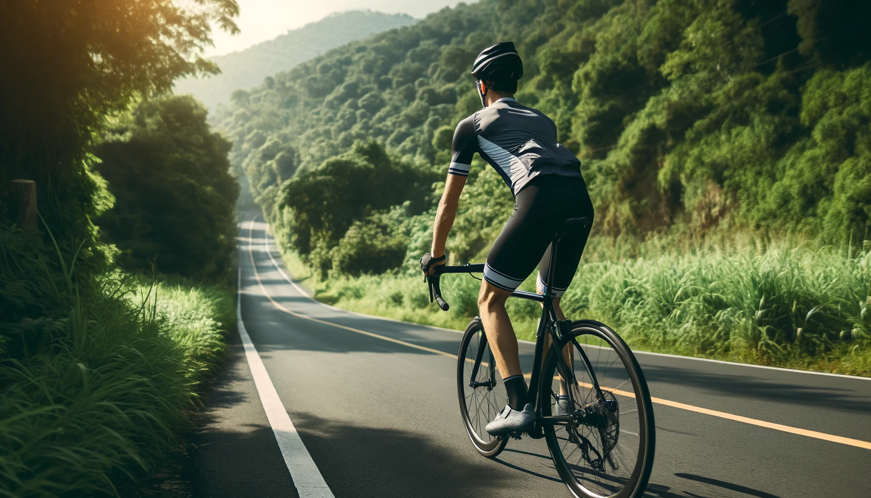 A beginner cyclist riding on a scenic paved road surrounded by lush greenery.
