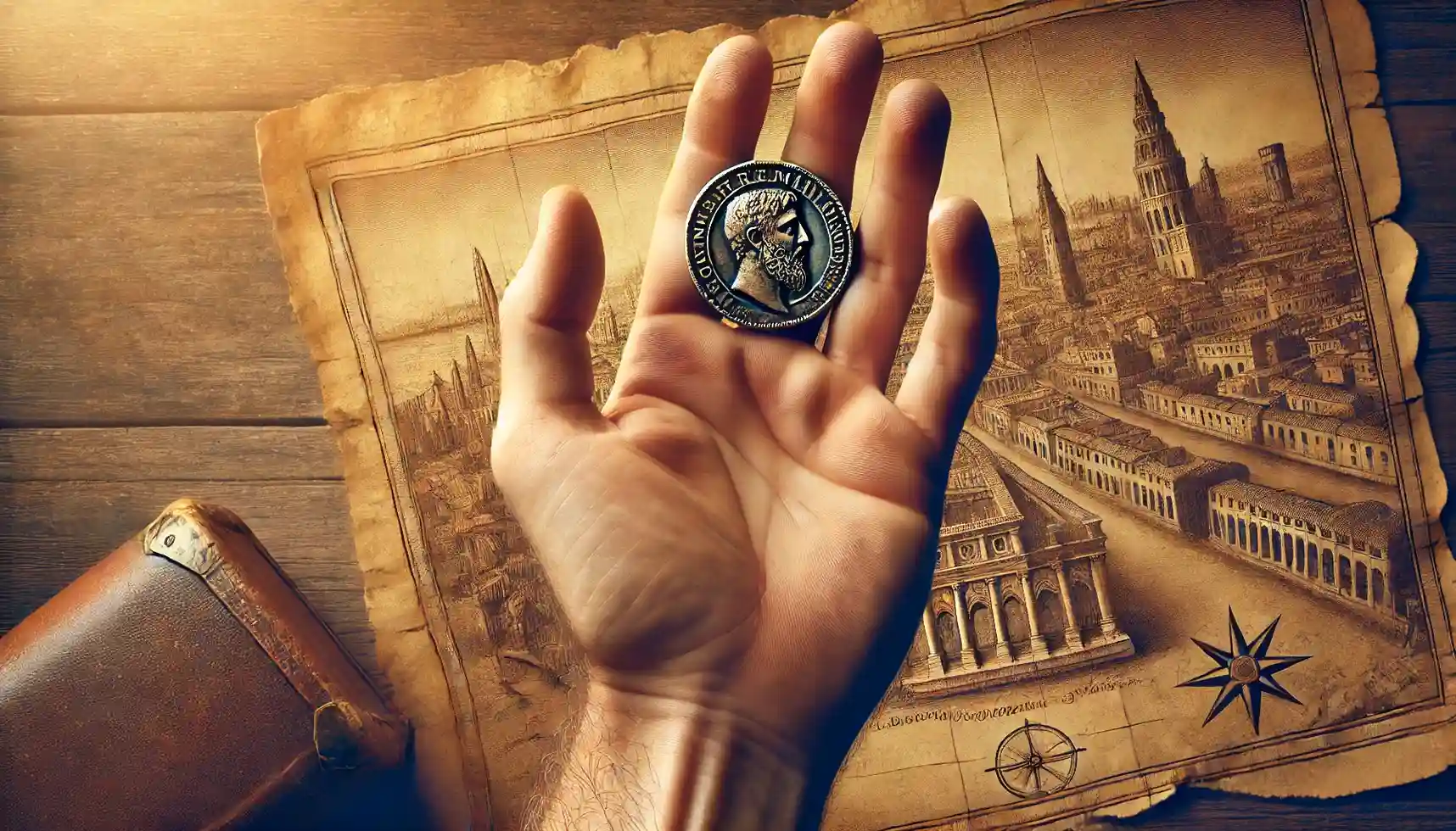 A traveler's hand holding an old coin against the backdrop of a vintage map. 