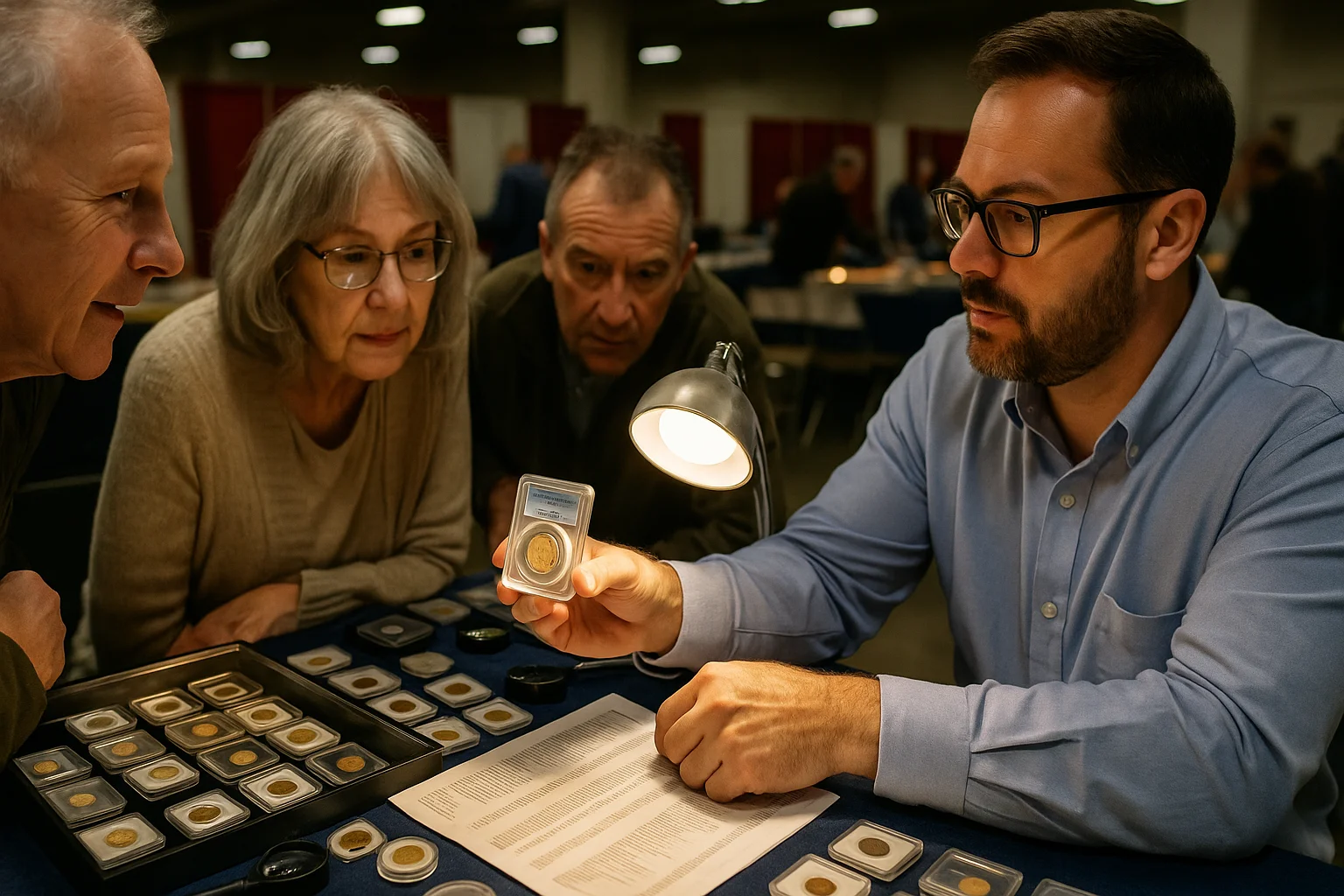 A coin dealer at a show presents a $1 gold coin to an eager group of collectors gathered around a display table filled with magnifiers and coin cases.
