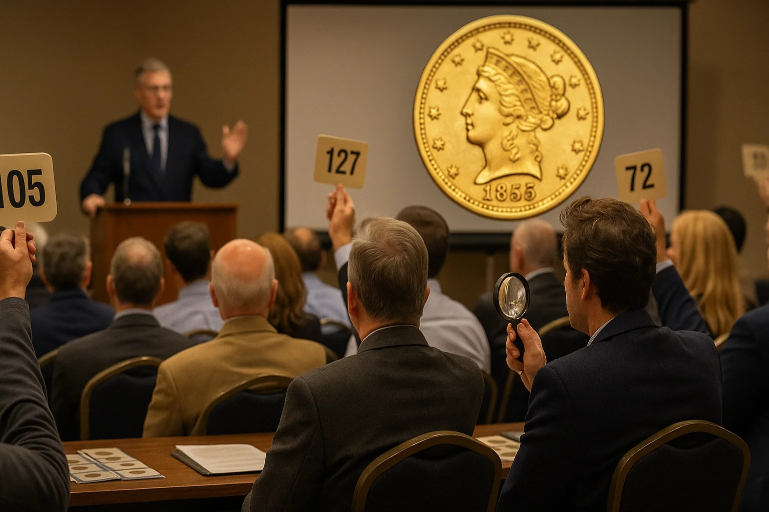 A coin auction where bidders raise numbered paddles as an 1855 $1 gold coin is projected on a screen.