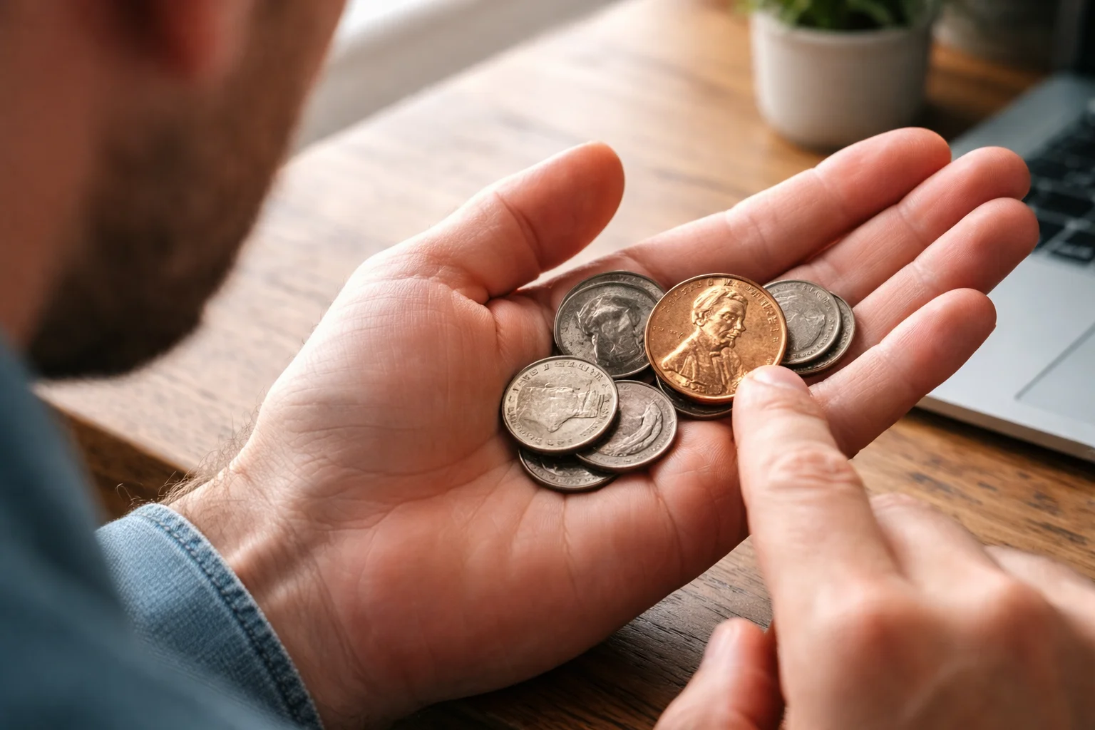 A person examines a small 1966 Lincoln penny among modern coins.